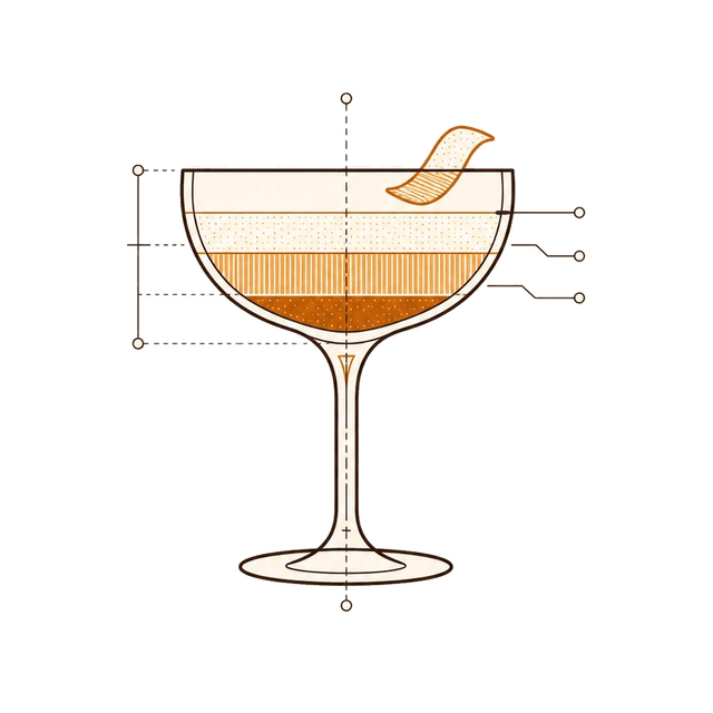 Drink Decoded — a blueprint-style diagram of a layered cocktail in a coupe glass